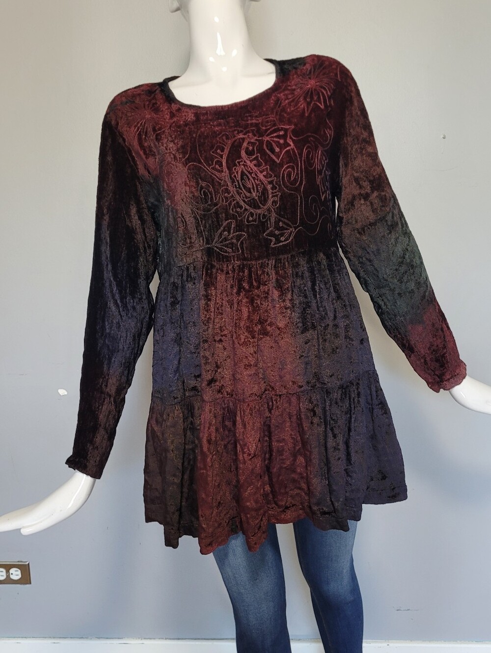 Vintage Le Château Velvet Patchwork Babydoll Tunic, Size S - Picture 2 of 9